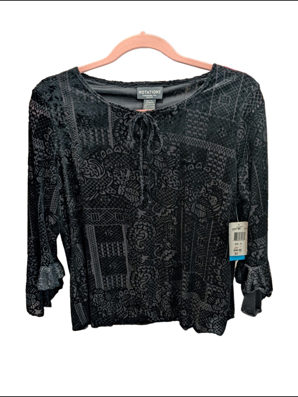 Notations Black Whimsigoth Velvet Burnout Tie Neckline Blouse Ruffle 3/4 Sleeves